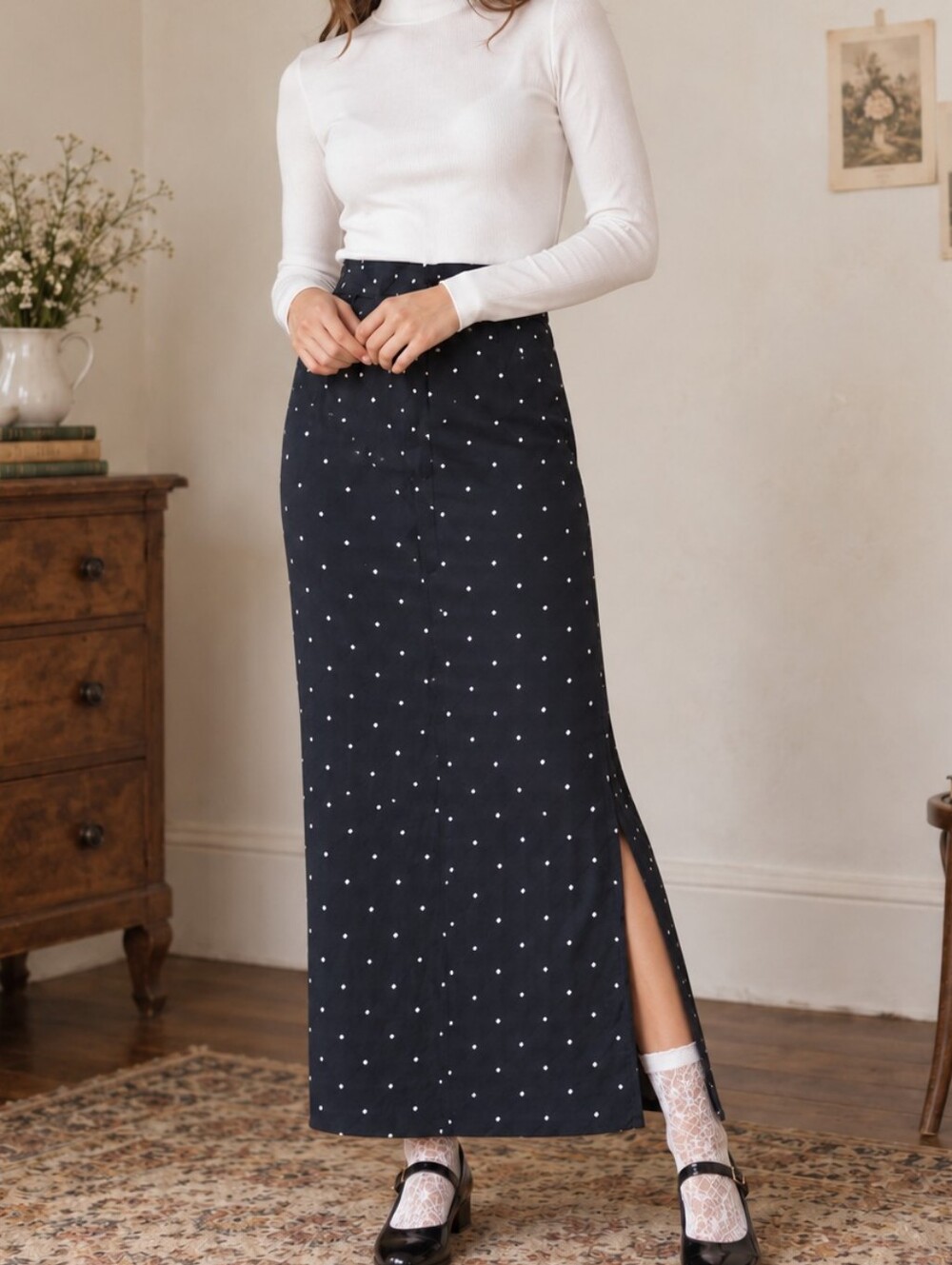 LA Hearts Navy Blue Polka Dot Maxi Skirt XS High Rise Side Slit Lined